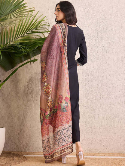 Dhiyona IE Women Ethnic Motifs Embroidered Regular Liva Kurta with Trousers & With Dupatta