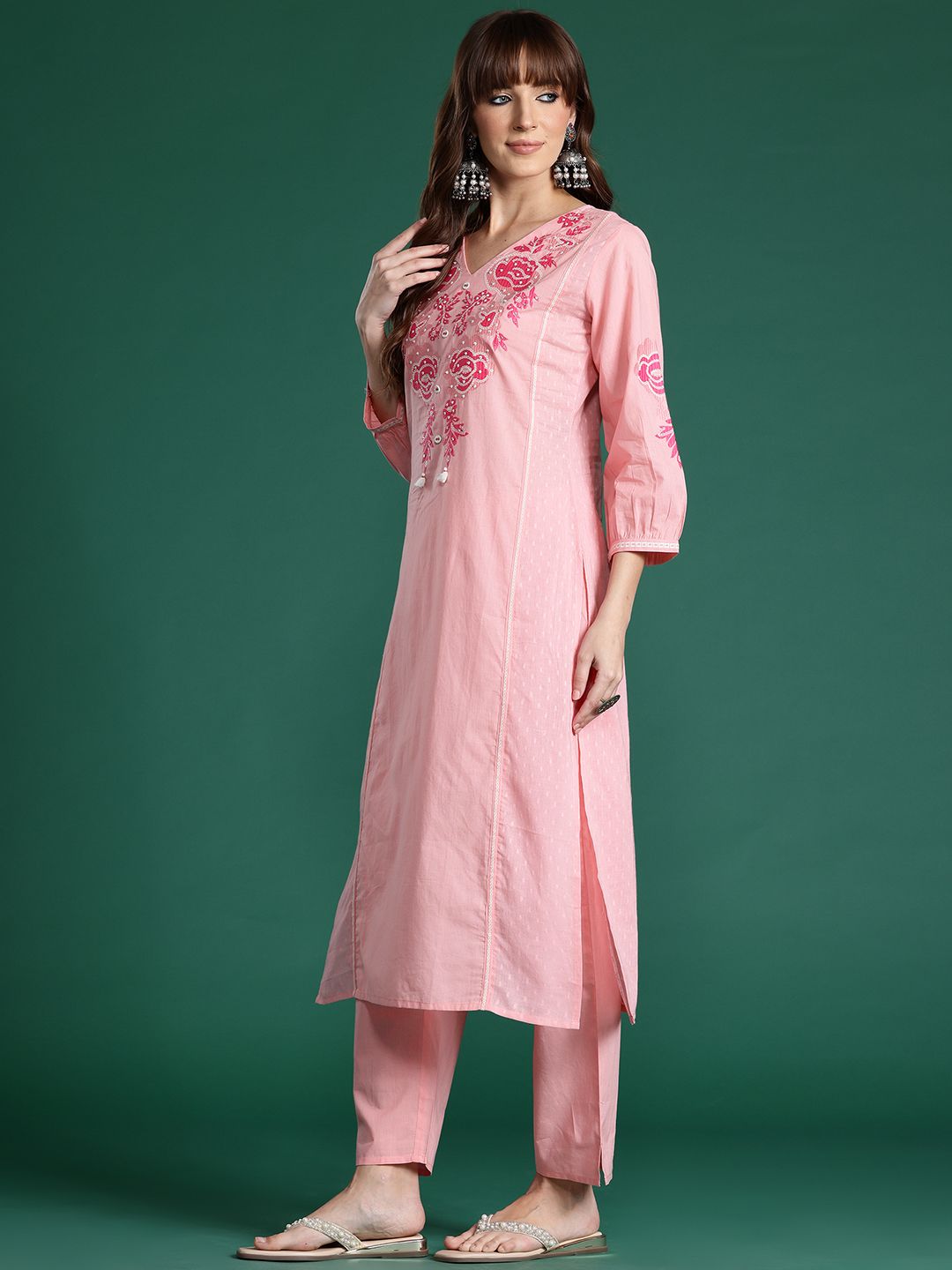 Dhiyona IE Floral Embroidered Pure Cotton Kurta with Trousers & Dupatta
