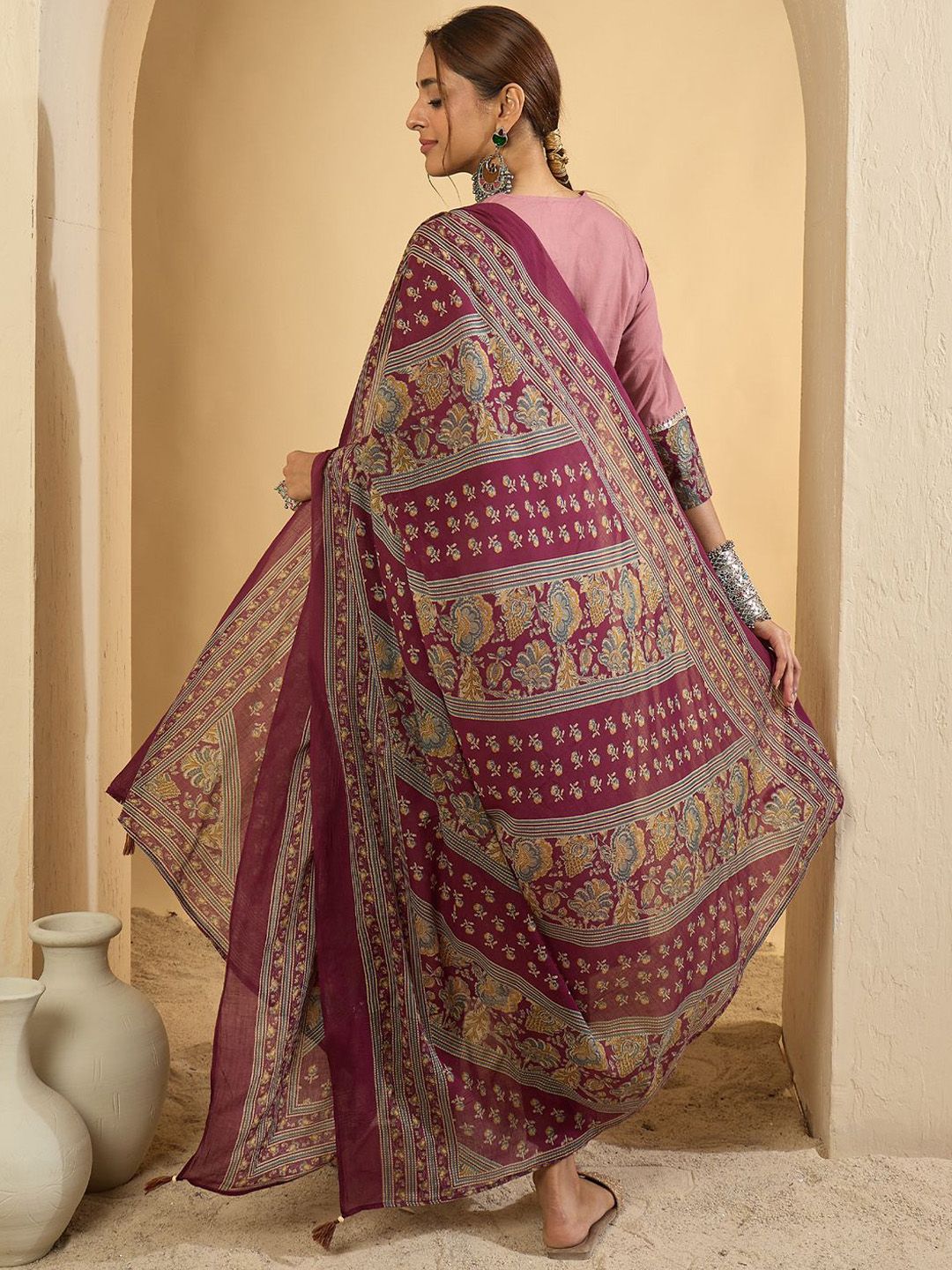 Dhiyona IE Floral Yoke Design V-Neck Pure Cotton Straight Kurta With Trousers & Dupatta