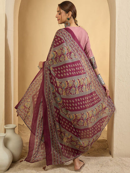 Dhiyona IE Floral Yoke Design V-Neck Pure Cotton Straight Kurta With Trousers & Dupatta