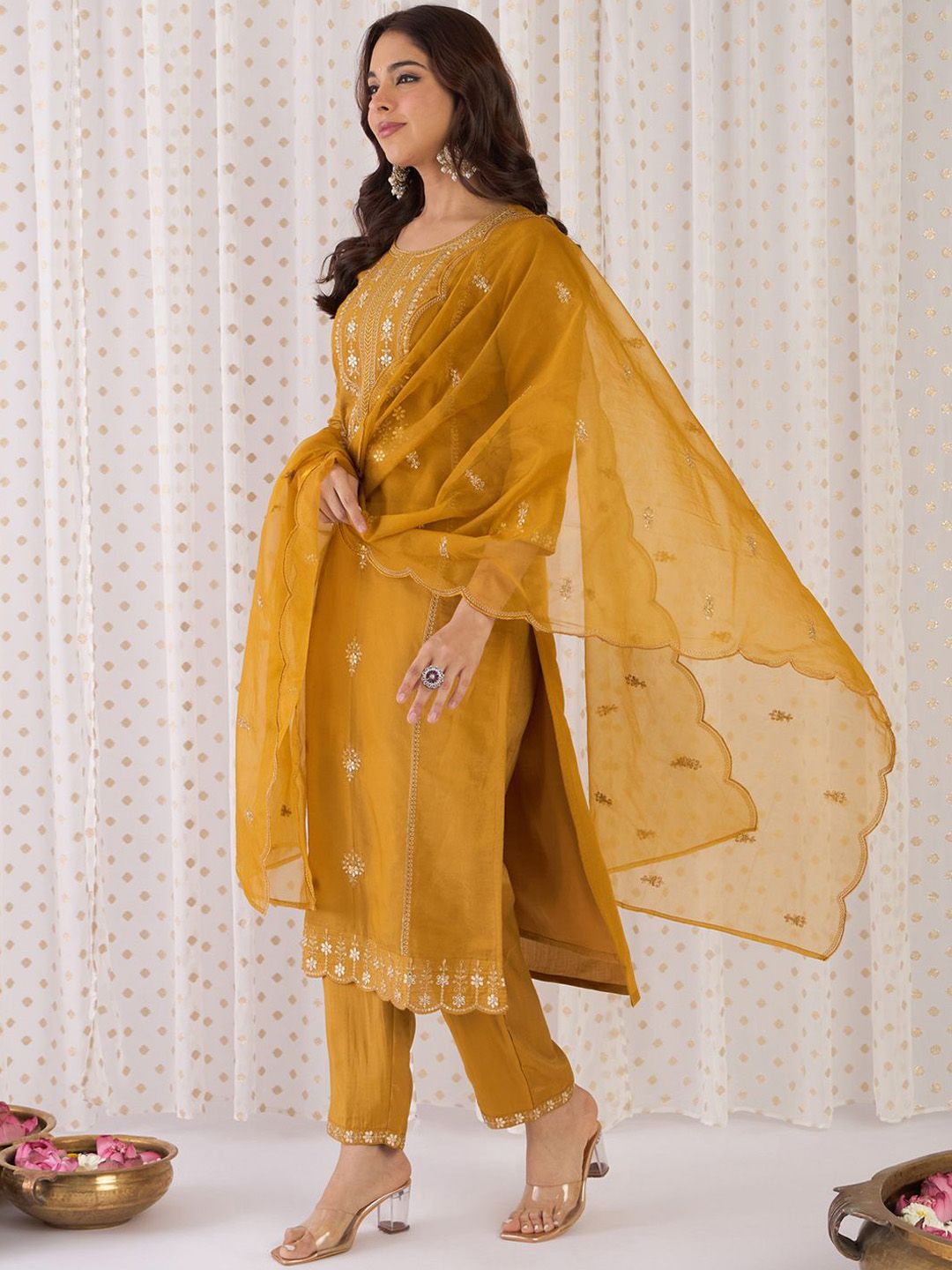Dhiyona IE Floral Embroidered Gotta Patti Straight Kurta With Trousers & Dupatta