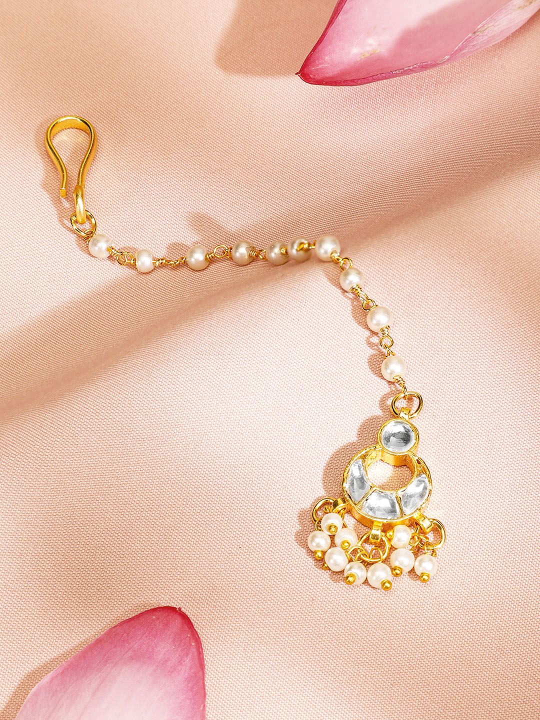 Dhiyona RJ Women's 22K Gold Plated Kundan Studded Maang Tikka with Pearl Beaded Chain