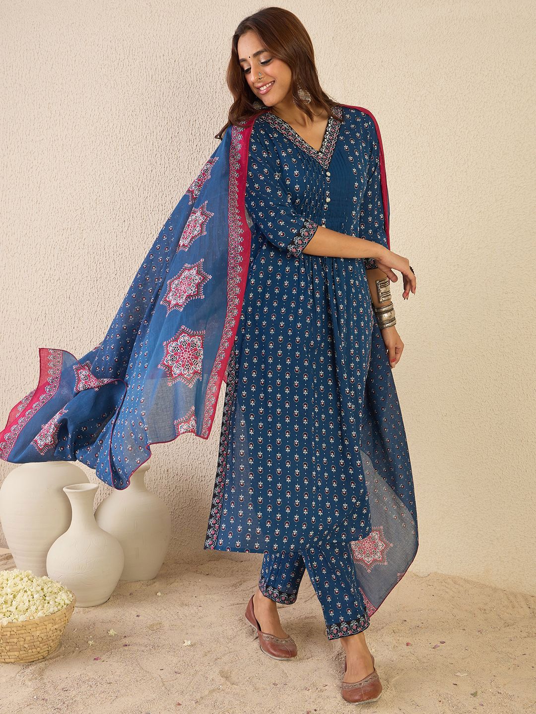Women Ethnic Motifs Printed Thread Work Kurta with Trousers & With Dupatta