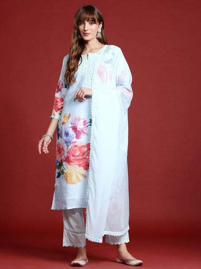Dhiyona IE Floral Printed Mirror Work Linen Kurta With Trousers & Dupatta