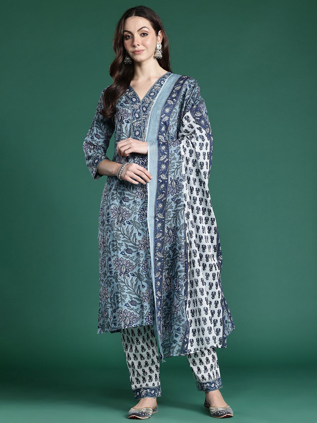 Dhiyona IE Floral Printed Regular Pure Cotton Kurta with Trousers & Dupatta