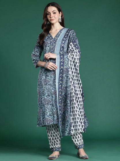 Dhiyona IE Floral Printed Regular Pure Cotton Kurta with Trousers & Dupatta