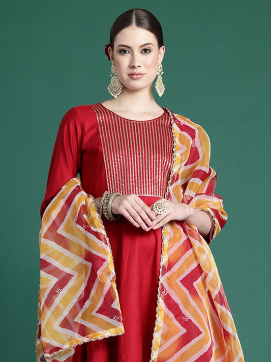 Yoke Design Pleated Sequinned Liva Kurta With Trousers & Dupatta