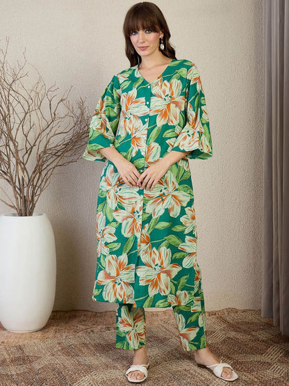 Dhiyona IE Printed Pure Cotton A-Line Top With Trousers Co-Ords