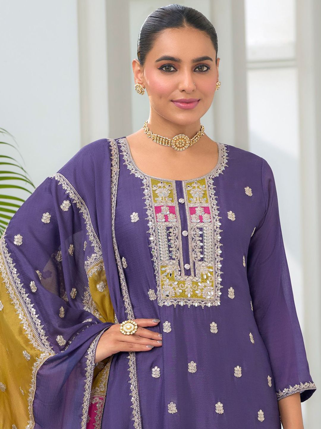 Dhiyona IE Women Ethnic Motifs Embroidered Regular Mirror Work Kurta with Trousers & With Dupatta