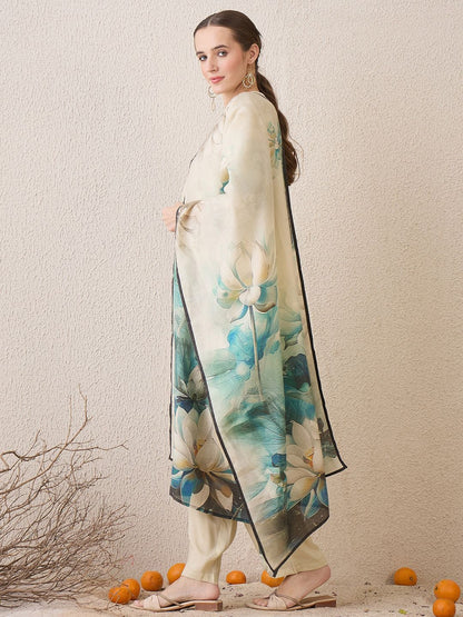 Dhiyona IE Floral Printed Notch Neck Beads & Stones Straight Kurta With Trousers & Dupatta
