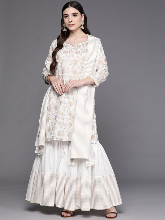 Dhiyona IE Women Off White Floral Printed Gotta Patti Kurta with Sharara & With Dupatta