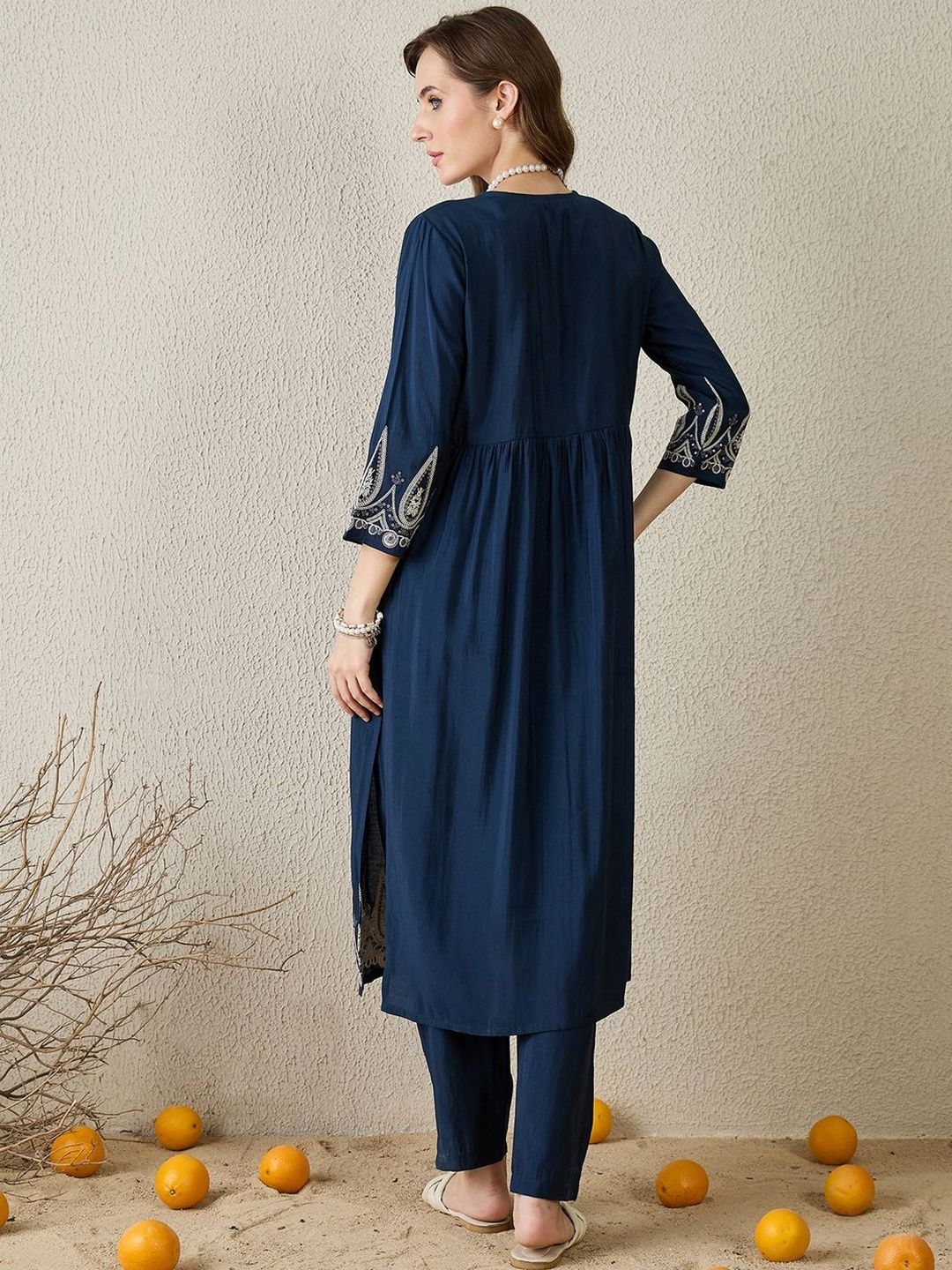 Floral Embroidered Pleated Kurta with Trousers