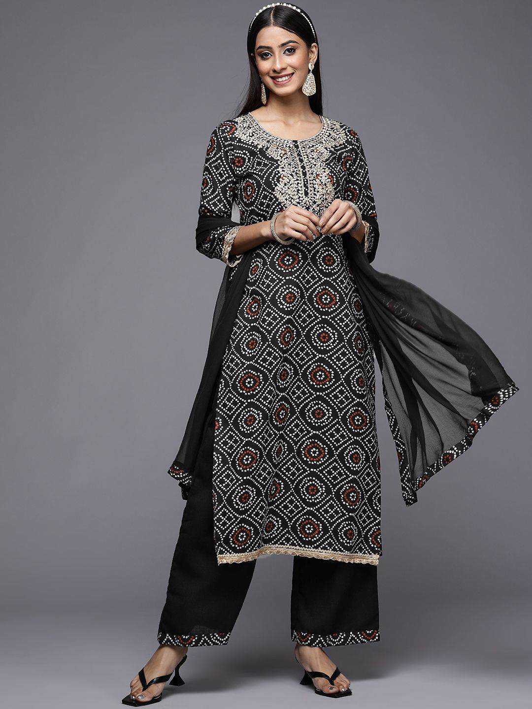 Women Black Bandhani Printed Pure Cotton Kurta with Palazzos & With Dupatta