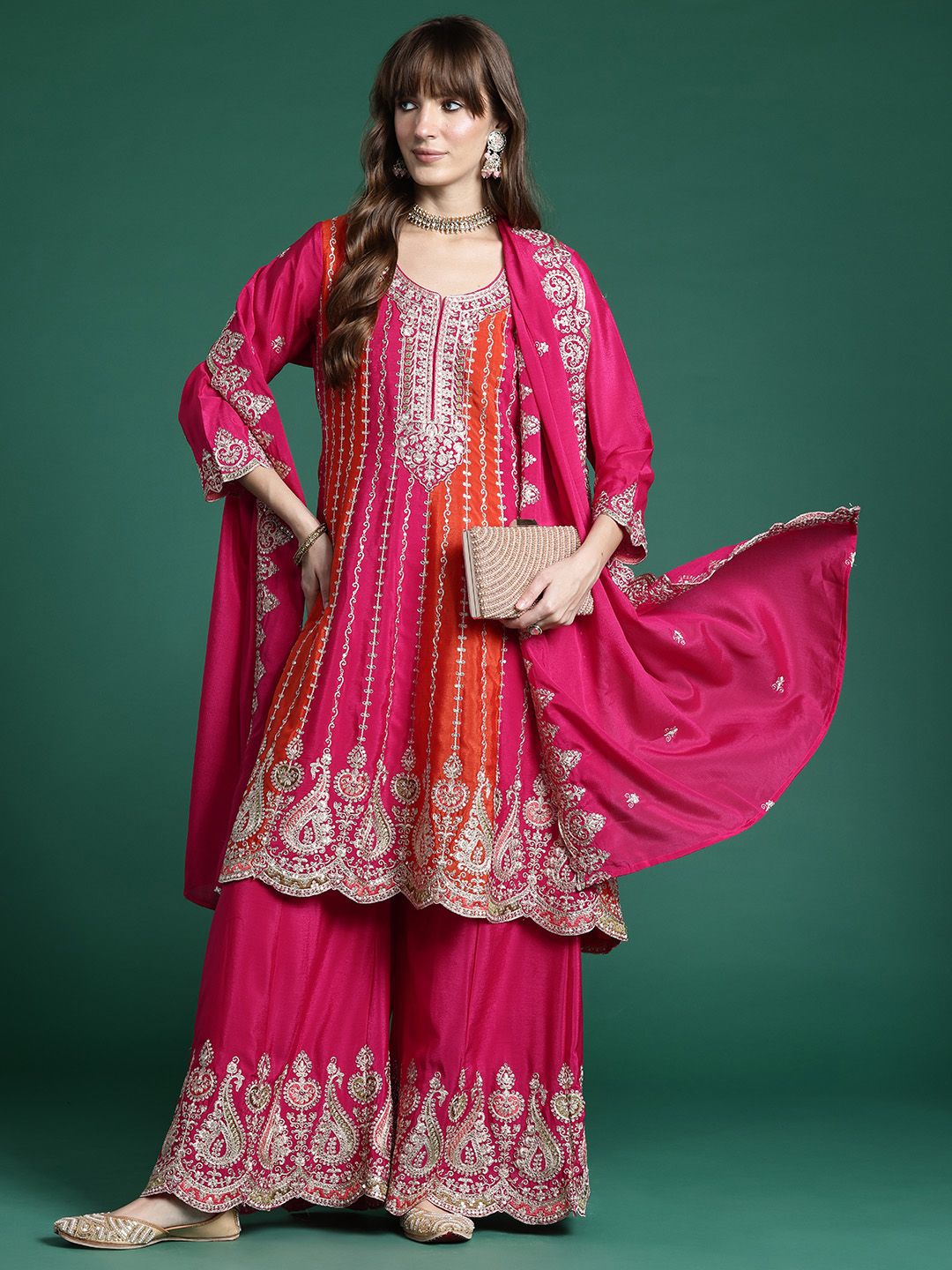 Ethnic Motifs Embroidered Regular Sequinned Kurta with Palazzos & Dupatta