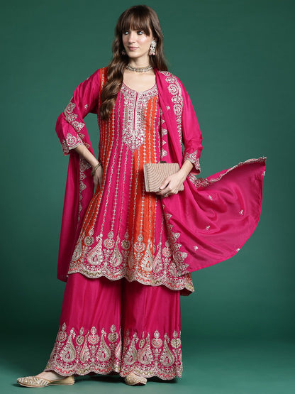 Ethnic Motifs Embroidered Regular Sequinned Kurta with Palazzos & Dupatta