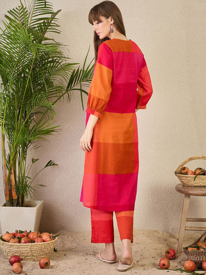 Dhiyona IE Women Pure Cotton Colourblocked A-Line Kurta With Pants Co-Ords