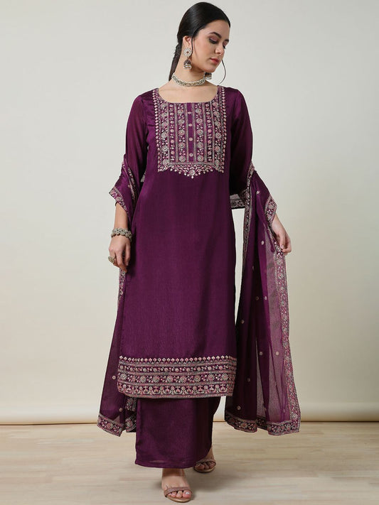 Dhiyona SO Women's Women Ethnic Motifs Embroidered Regular Sequinned Kurta with Palazzos & With Dupatta