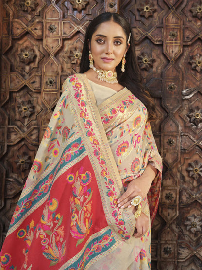 Dhiyona GR Women's Kalki Smoke White Woven Modal Silk Kashmiri Banarasi Saree