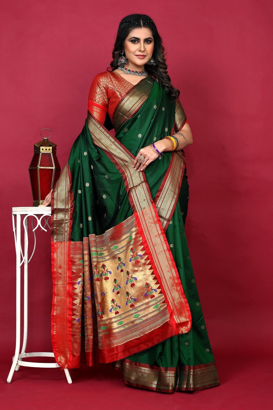 Dhiyona GR Women's Anarkali Bottle Green Zari Paithani Silk Saree