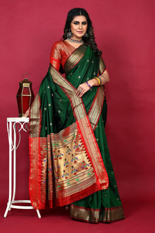 Dhiyona GR Women's Anarkali Bottle Green Zari Paithani Silk Saree