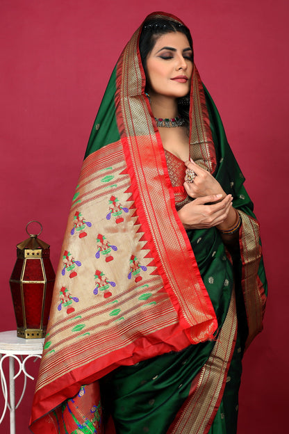 Dhiyona GR Women's Anarkali Bottle Green Zari Paithani Silk Saree