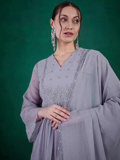 Dhiyona SN Women's Floral Embroidered A-Line Kurta With Trouser & Dupatta