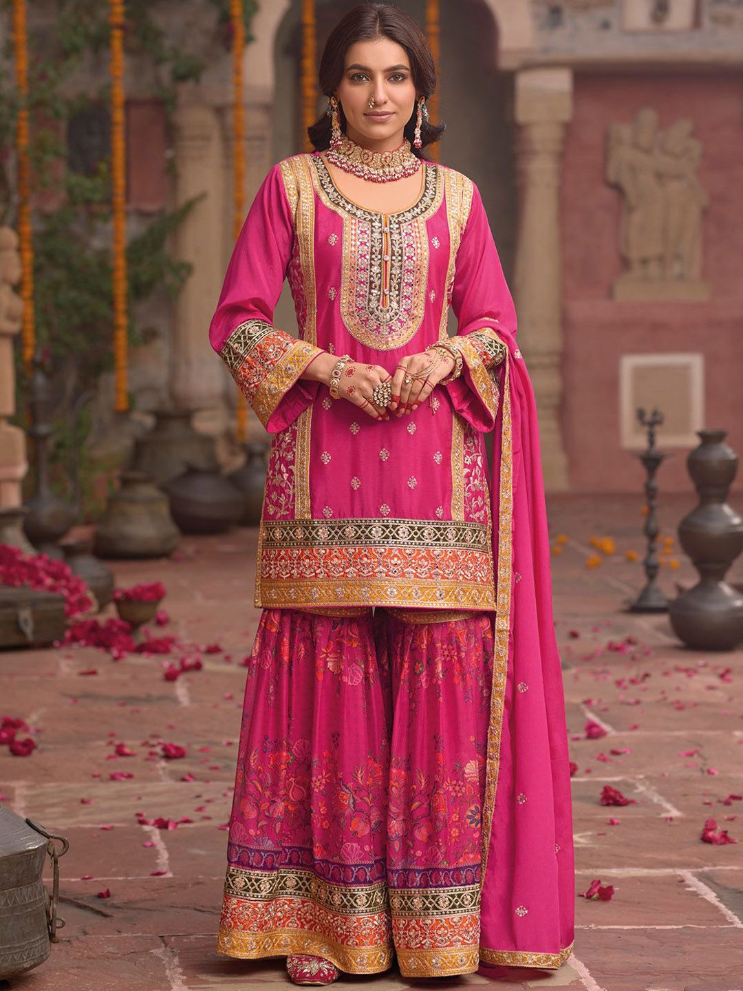 Dhiyona IE Floral Embroidered Sequinned Chinon Straight Kurta With Sharara & Dupatta