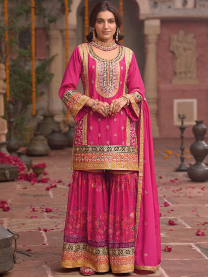 Dhiyona IE Floral Embroidered Sequinned Chinon Straight Kurta With Sharara & Dupatta