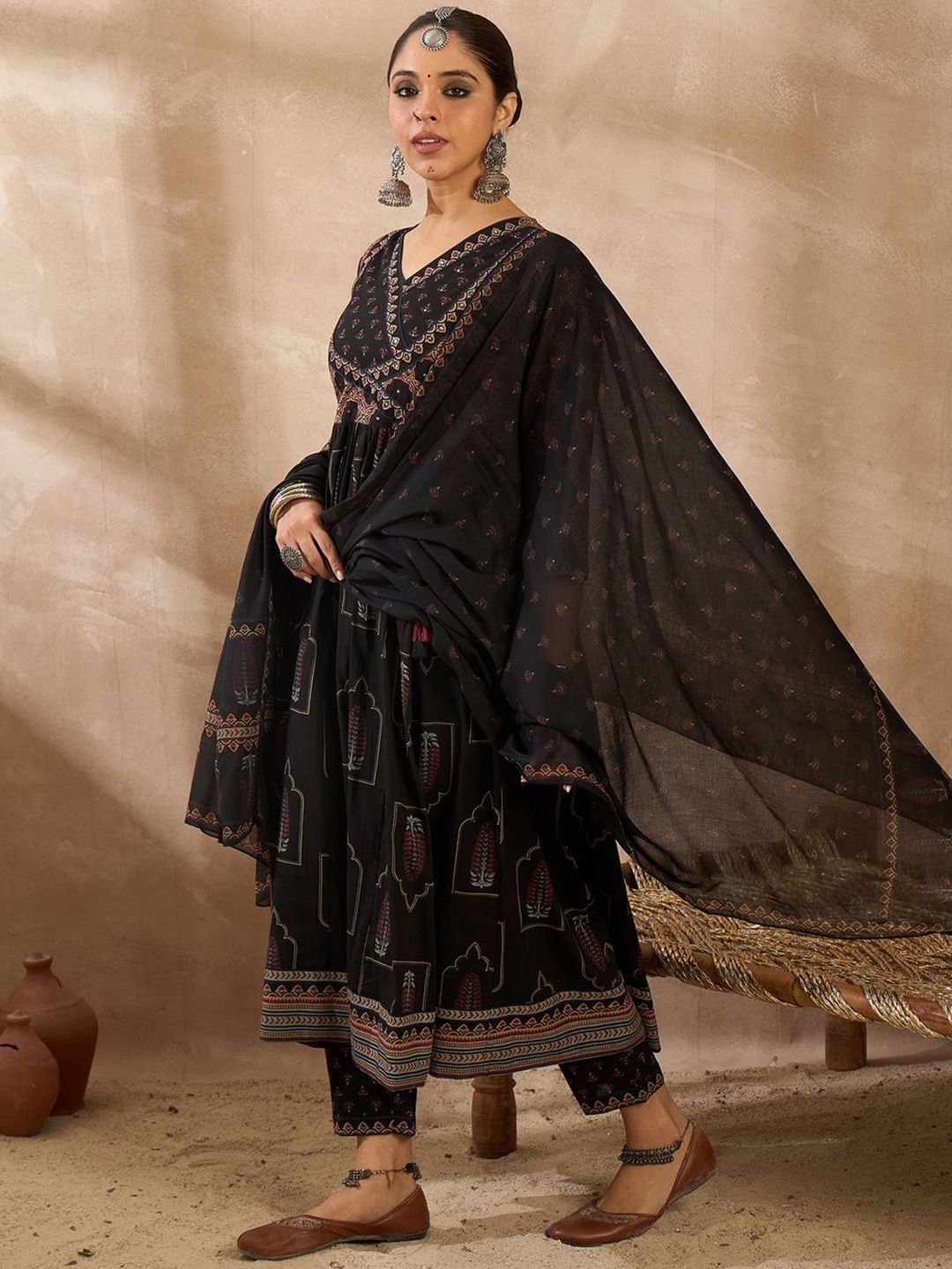 Women Ethnic Motifs Printed Pleated Beads and Stones Pure Cotton Kurta with Trousers & With Dupatta