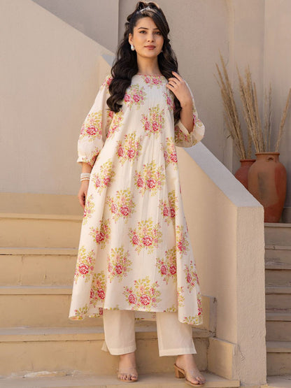 Dhiyona IE Floral Printed A Line Pure Cotton Kurta With Trousers