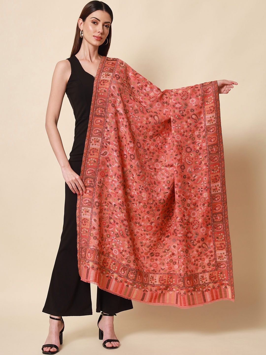 Dhiyona PA Women Pink & Beige Woven Design Shawl