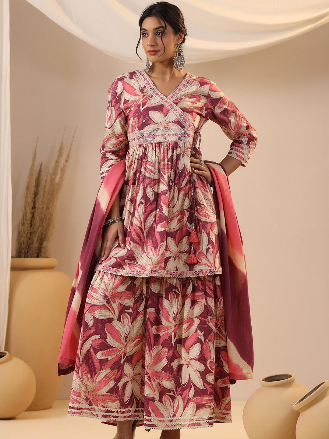 Dhiyona IS Women's Floral Printed Cotton Angrakha A-line Kurta with Sharara and Mulmul Dupatta