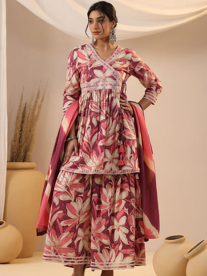 Dhiyona IS Women's Floral Printed Cotton Angrakha A-line Kurta with Sharara and Mulmul Dupatta