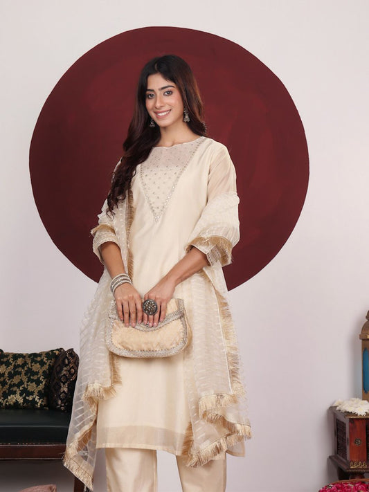 Dhiyona VA Women'sFloral Yoke Design Round Neck Regular Kurta With Palazzo With Dupatta