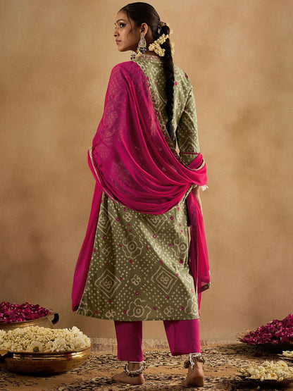 Dhiyona IE Bandhani Printed Pure Cotton Kurta With Trousers & Dupatta