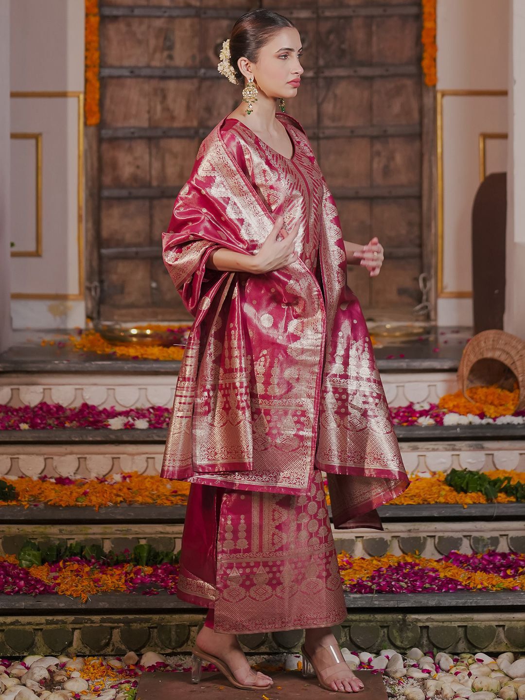 Ethnic Motifs Woven Design Straight Kurta with Trousers & With Dupatta