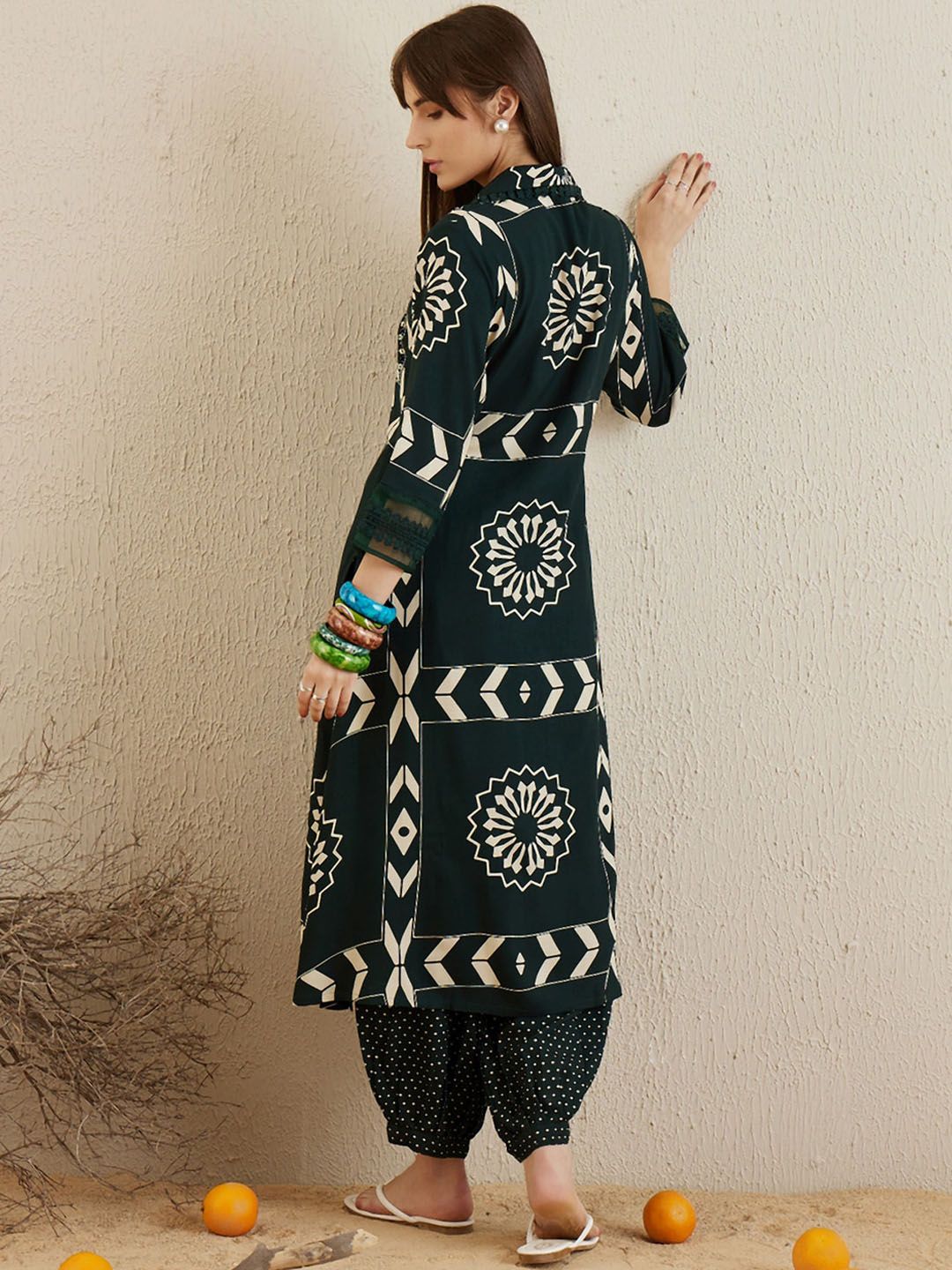 Floral Printed Sequinned Shirt Collar A-Line Kurta with Salwar