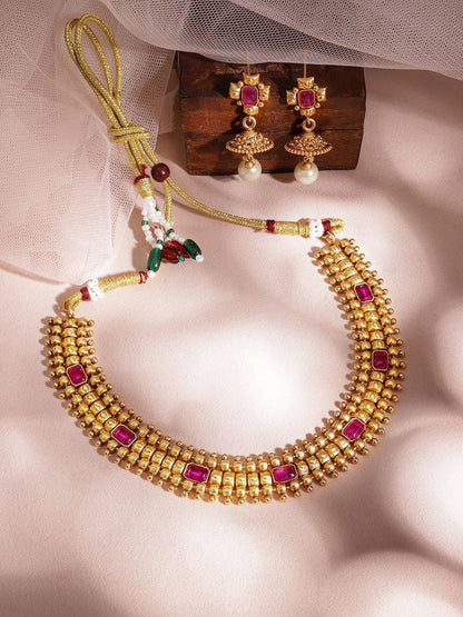 Dhiyona RJ Women's 22K Gold Plated Handcrafted Ruby Stone Studded and Gold Beaded Jewellery Set