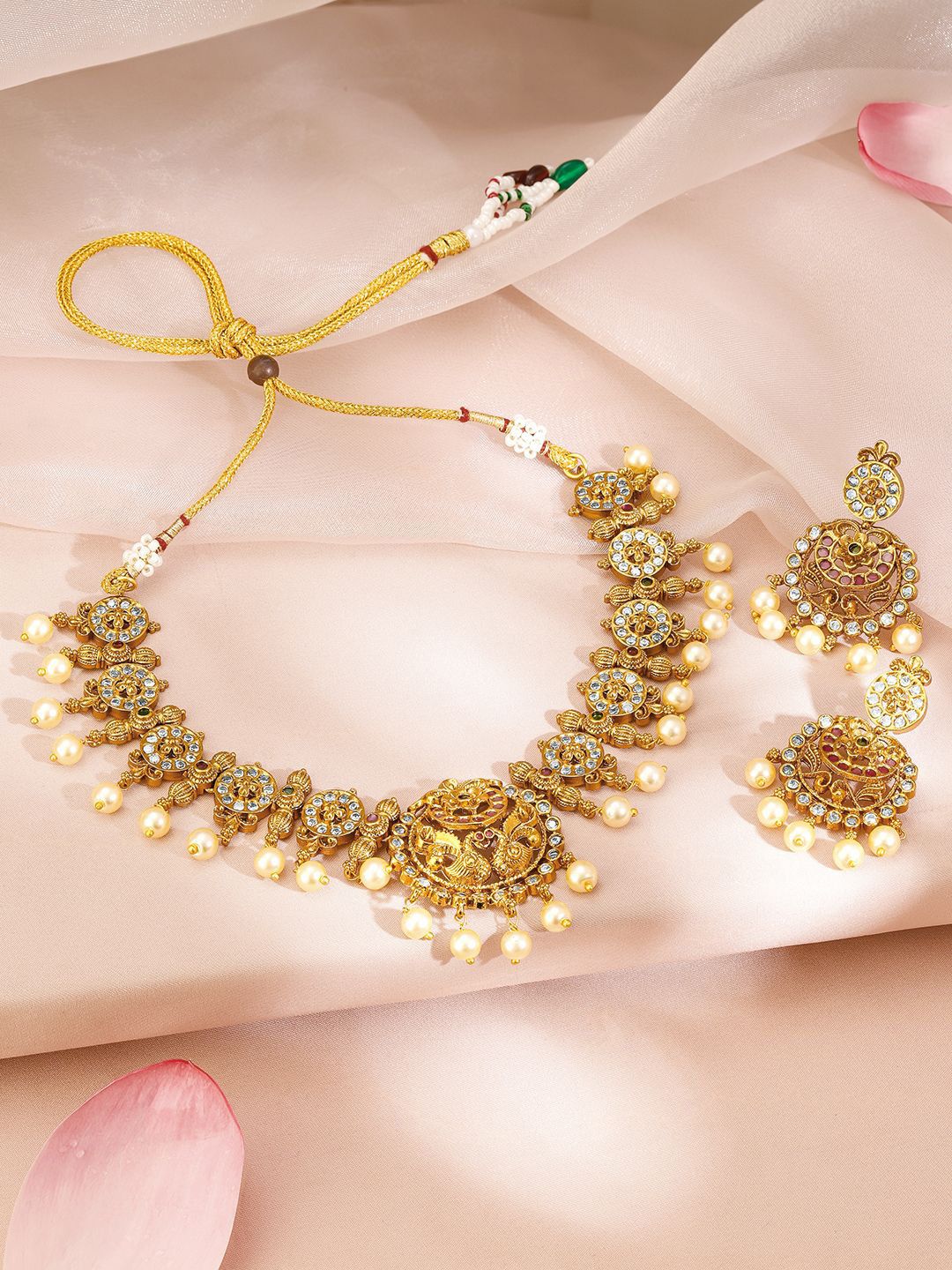 Dhiyona RJ Women's 22K Gold-Plated Ruby & White Zirconia Studded Pearl Beaded Temple Jewellery Set