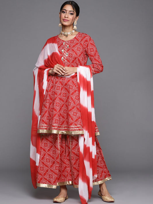 Dhiyona VA Women's Red & White Bandhani Printed Anarkali Kurta with Sharara & With Dupatta