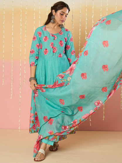 Floral Printed Pure Cotton Anarkali Kurta With Trousers & Dupatta