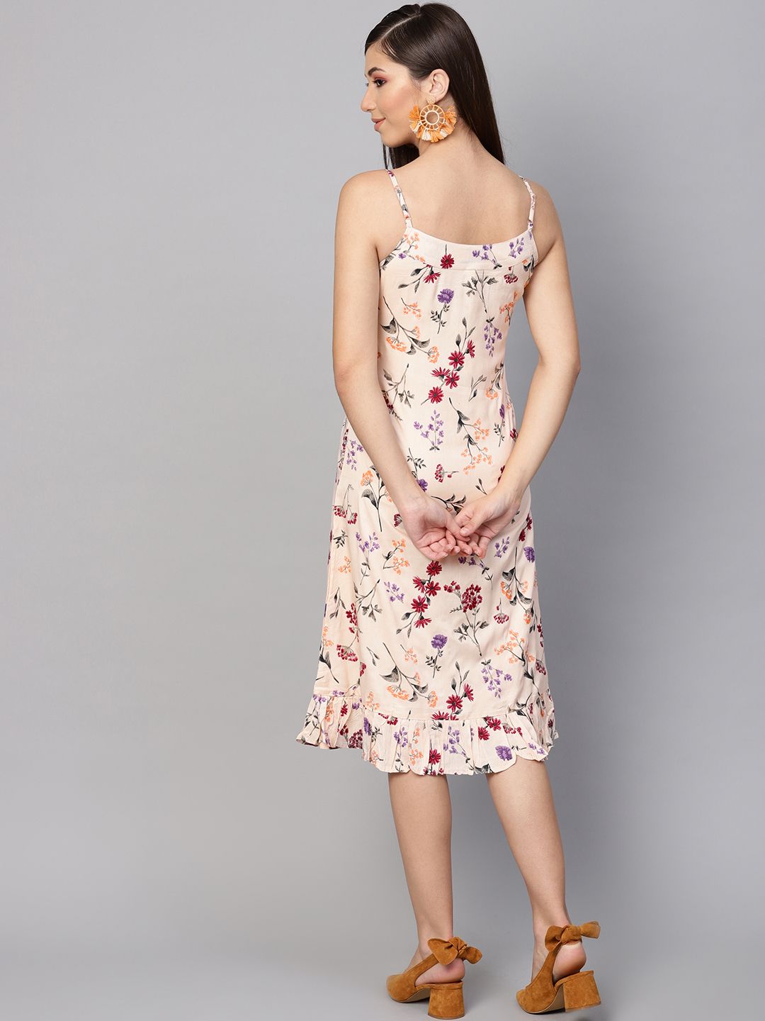 Dhiyona AY Women's Peach-Coloured & Purple Floral Printed A-Line Dress
