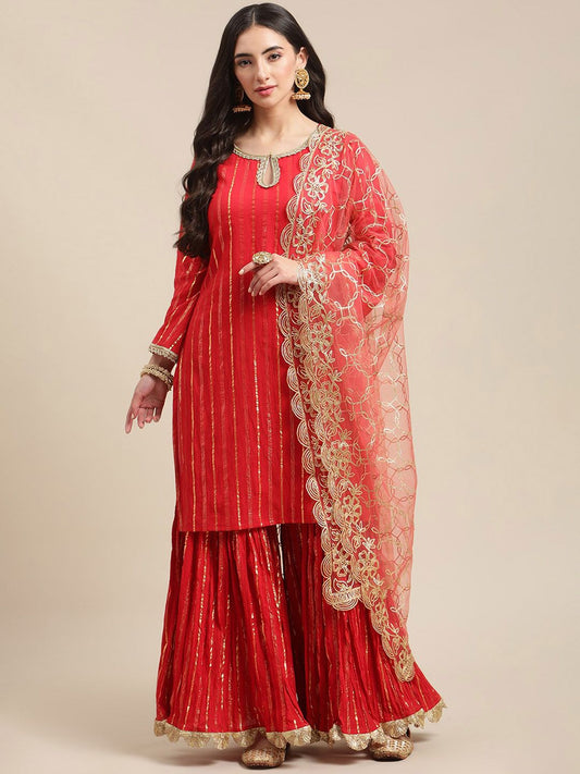 Dhiyona VA Women's Red Embroidered Gotta Patti Kurta with Sharara & With Dupatta