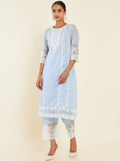 Dhiyona SO Women's Blue & White Floral Embroidered Chanderi Silk Kurta With Trousers & Dupatta