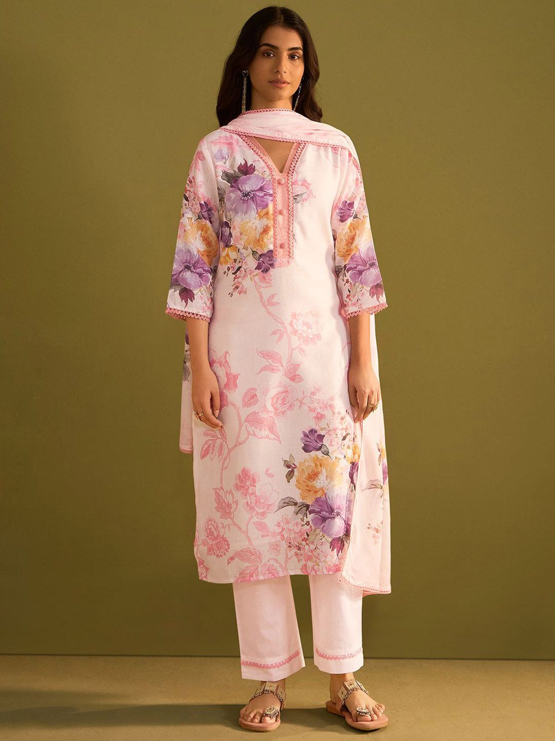 Floral Printed V Neck Linen Kurta With Trousers & Dupatta