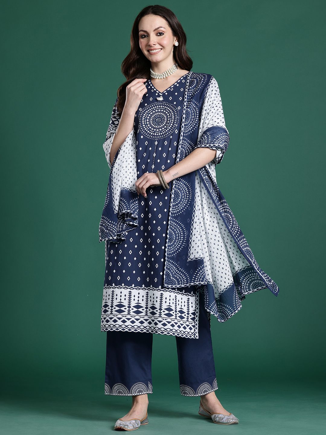 Printed Mirror Work Pure Cotton Kurta with Trousers & With Dupatta