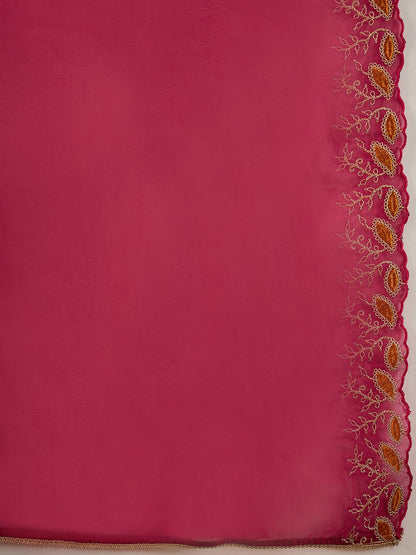 Dhiyona IE Notched Neck Ethnic Embroidered Sequinned Liva Kurta with Trouser & Dupatta