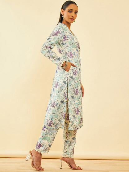 Dhiyona SO Women's Floral Printed Long Sleeves Straight Kurta With Trouser