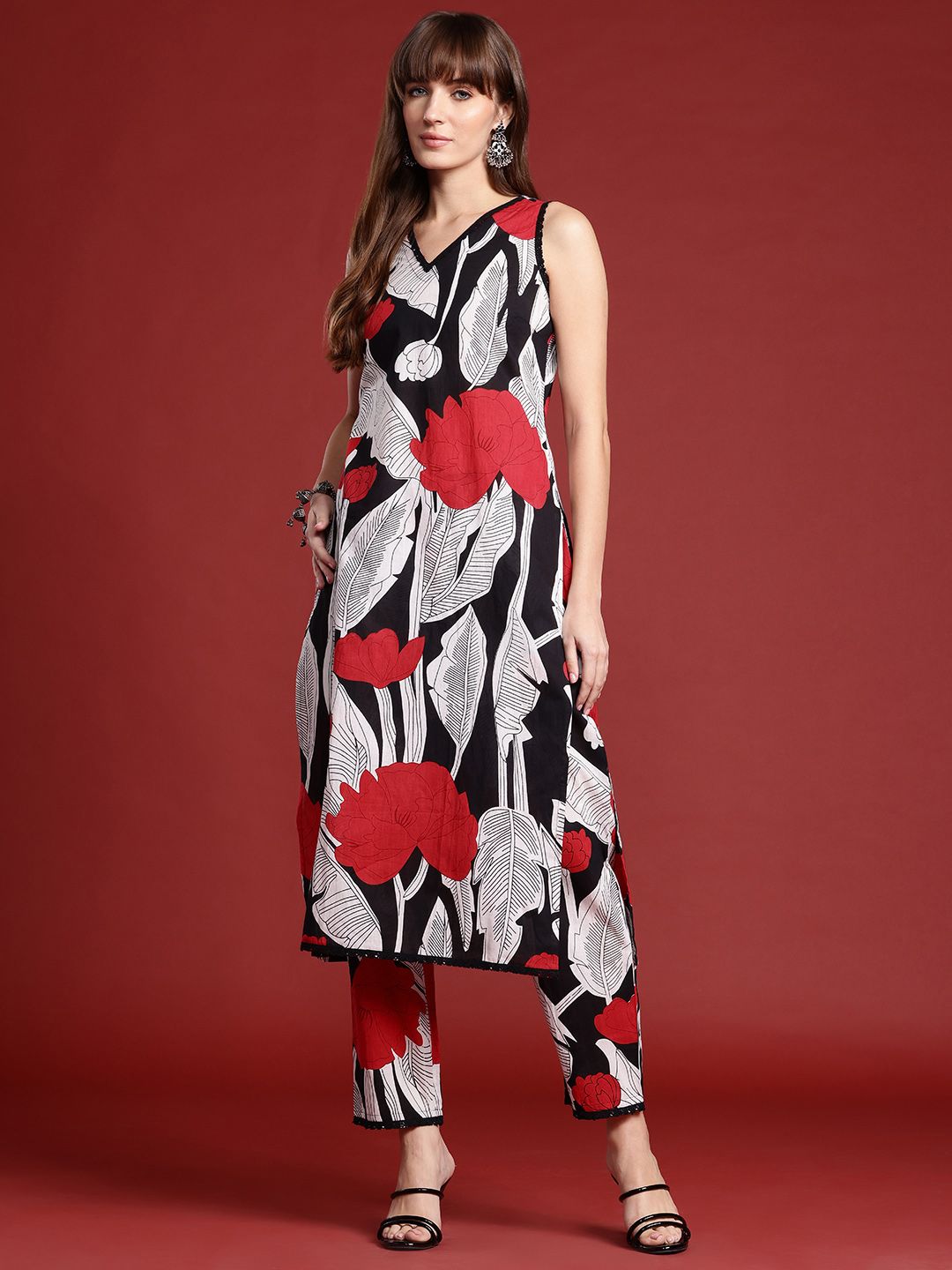 Dhiyona IE Floral Printed Lace Detailed Pure Cotton Kurta with Trousers