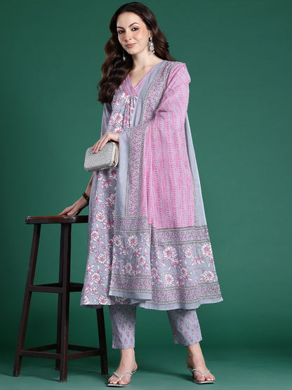 Dhiyona IE Floral Printed Pure Cotton Kurta with Trousers & Dupatta
